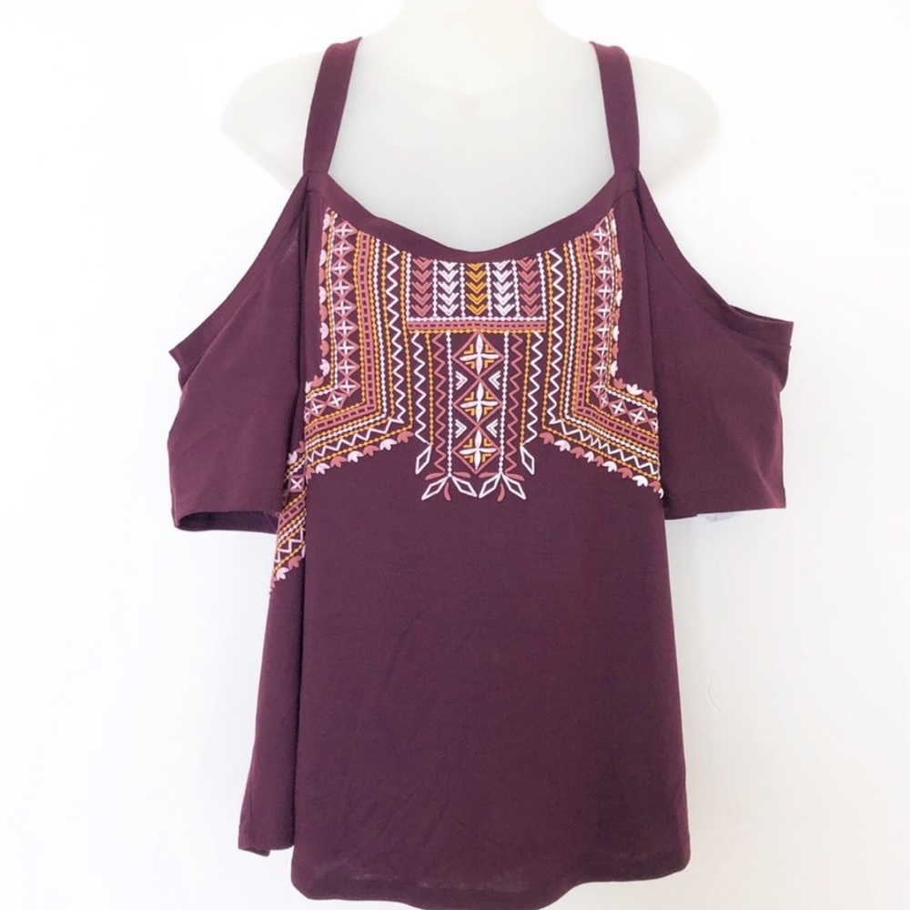 Bekka Maroon Cold Shoulder Printed Tee Sz 2X